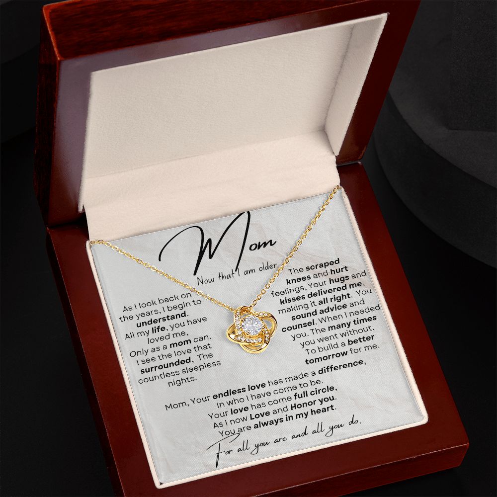 Love knot Necklace message to mom from adult child
