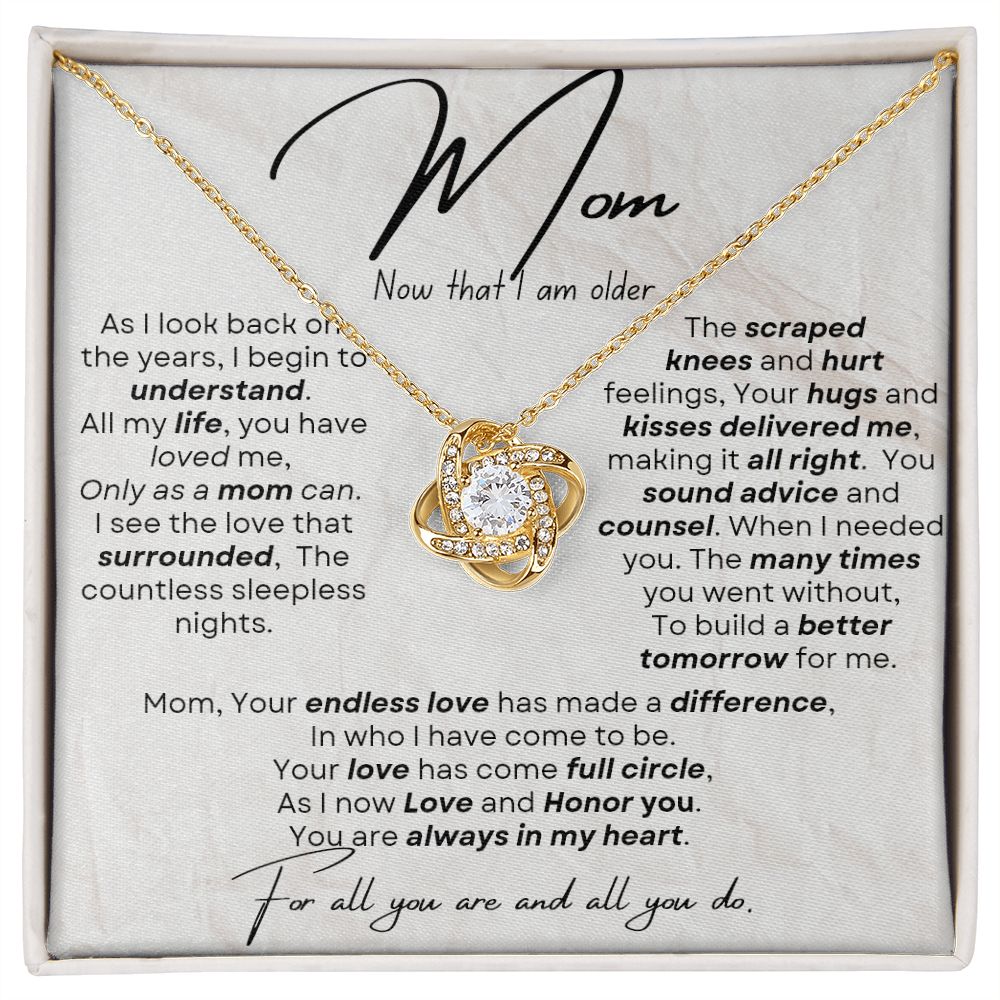 Love knot Necklace message to mom from adult child