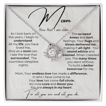 Love knot Necklace message to mom from adult child